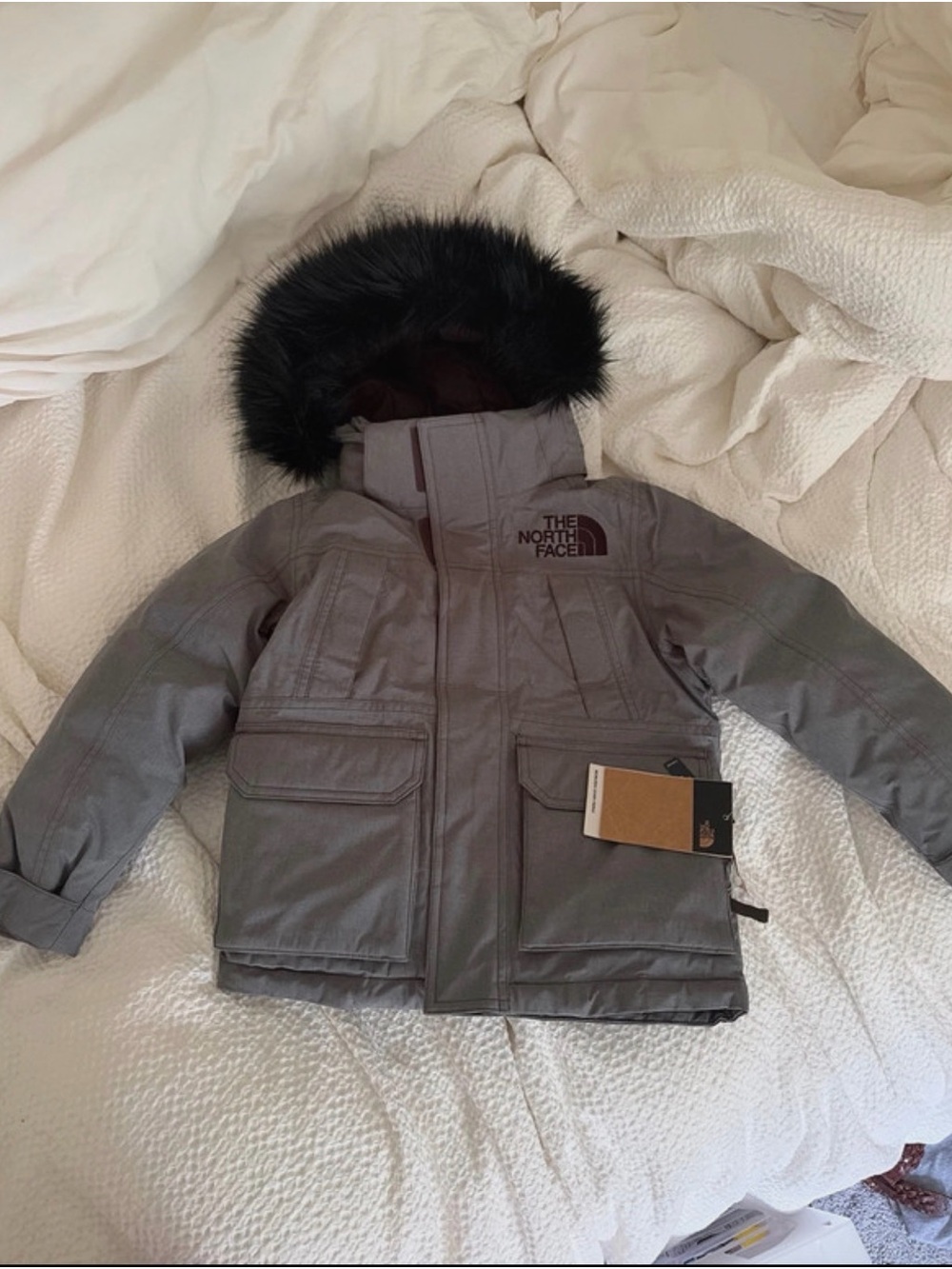 The North Face Kids' Gray Puffer Parka with Faux Fur Trim